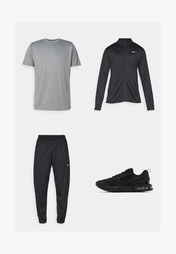 Sort atletisk jakke med lange ærmer, krave og fuld lynlås. Har et diskret Nike-logo i hvidt på den øverste venstre side af brystet. Glat tekstur.; New Balance Sports T-shirts - slate grey; Sorte atletiske bukser med elastisk talje, snævre ben og et lille hvidt Nike-logo på venstre lår. Glat stof, ingen mønstre.; Sort Nike sportsko med mesh-overdel, gummisål, polstret krave og en markant transparent hælaccent.
