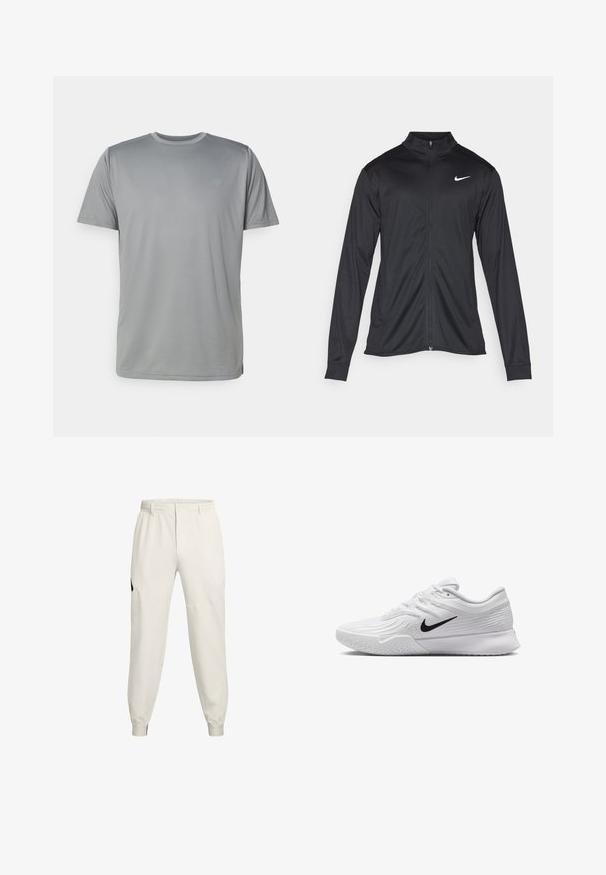 Černá sportovní bunda s dlouhými rukávy, límcem a plným zipem. Má decentní bílou logo značky Nike na horní levé části hrudi. Hladká textura.; New Balance Sportovní tričko - slate grey; Světlé béžové joggingové kalhoty s elastickým pasem, bočními kapsami a žebrovanými manžetami; mají černý logo akcent na levém bocích.; Bílá sportovní obuv s texturovaným síťovaným svrchním materiálem, černým logem Nike, polstrovaným límcem a gumovou podrážkou s vzorkem na běhání.