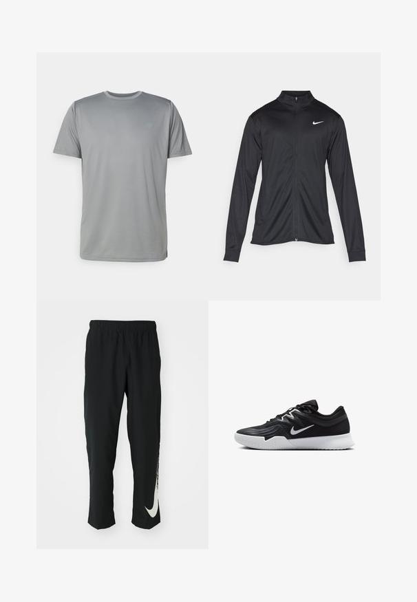 Črna atletska jakna z dolgimi rokavi, ovratnikom in polnim zadrgo. Vključuje diskreten bel Nike logotip na zgornjem levem delu prsnega koša. Gladka tekstura.; New Balance Športne majice - slate grey; Črne športne hlače z elastičnim pasom, zoženim dizajnom, s velikim belim logotipom Nike na levem hlačnici. Mehka, lahka tkanina.; Črne atletske čevlje z teksturirano zgornjico, belim Nike znakom in belim gumijastim zunanjim podplatom. Imajo vezalni dizajn in dinamično obliko.
