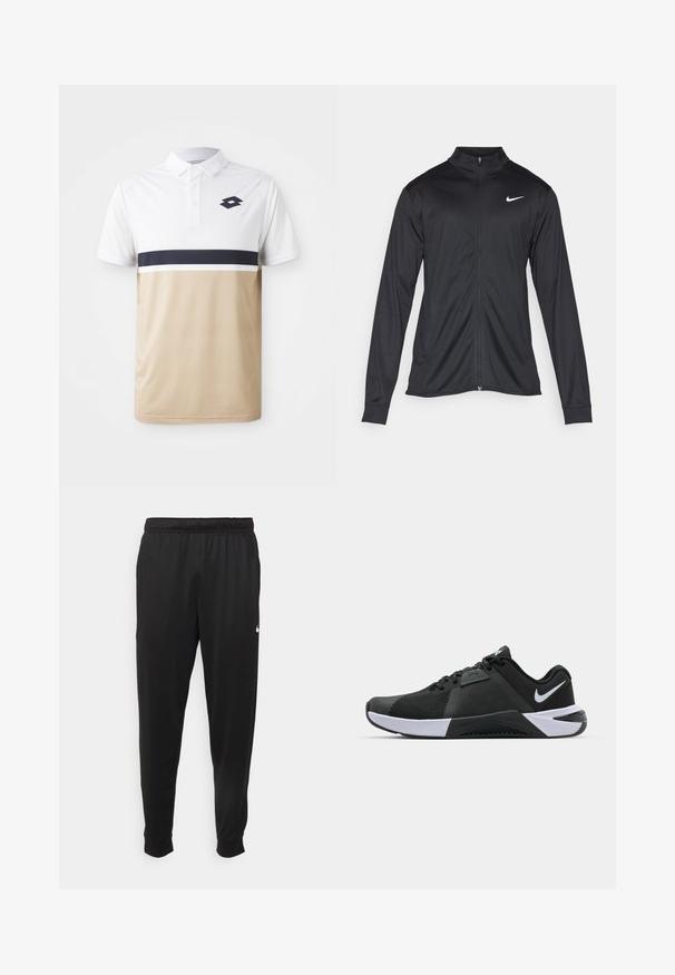 Svart idrottsjacka med långa ärmar, krage och full dragkedja. Har en diskret Nike-logga i vitt på övre vänstra bröstet. Slät yta.; Pikétröja med vit överdel, beige nedre del och marinblå horisontell rand. Har en krage med knappar och en logotyp på bröstet. Strukturerad tyg.; Svarta träningsbyxor i slät tyg, med elastisk midja, avsmalnande ben och en liten vit logotyp på vänster sida.; Nike Performance METCON 10 - Träningsskor - black/white/anthracite