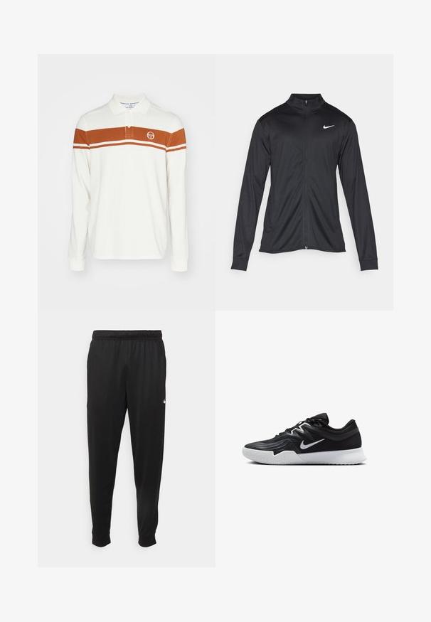 Must värvi sportlik jakk pikkade varrukatega, krae ja täispikk tõmblukk. Ülemises vasakus rinnas on diskreetne valge Nike logo. Sile tekstuur.; Valge pika varrukaga polo särk, millel on pruun horisontaalne triip kahe õhukese valge triibuga ning logo vasakul rinnal.; Mustad mustekad athletic-püksid sujuvast kangast, elastse vöökoha, kitsenevate jalgade ja väikese valge logoga vasakul küljel.; Must mustad jalanikesad rikaste ülaservaga, valge Nike swoosh'i ja valge kummist välispõhjaga. Omab paeltega sulgemisdetaili ja dünaamilist kuju.