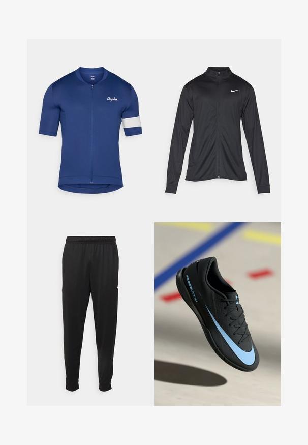 Sort atletisk jakke med lange ærmer, krave og fuld lynlås. Har et diskret Nike-logo i hvidt på den øverste venstre side af brystet. Glat tekstur.; Lysærmet cykeltrøje i mørkeblå, med lynlås og hvid stribeaccent. Fremstillet af tekstureret, åndbart stof med en tætsiddende pasform.; Sorte atletiske bukser lavet af glat stof, med elastisk talje, smalnende ben og et lille hvidt logo på venstre side.; Sort atletiksko med blå accenter, tekstureret overflade, snørelukning og det karakteristiske Nike-logo. Gummisål med grebsmønstre.