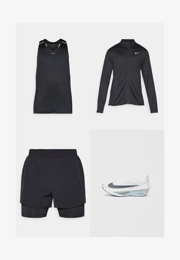 Fekete sportdzseki hosszú ujjal, gallérral és teljes cipzárral. Diszkrét fehér Nike logóval az upper bal mellen. Sima textúra.; Fekete sportos tank top, könnyű anyagból készült, kerek nyakkivágással, perforált textúrával és tónusos részletekkel a vállakon.; Fekete sportos rövidnadrág, elasztikus derékpánttal, réteges kialakítással és illeszkedő belső béléssel. Simas textúra, a kényelem érdekében tervezve.; Fehér sportcipő szürke hálós felsőrésszel, kék ZoomX hab középtalppal és ívelt talppal a fokozott propulzió és kényelem érdekében.
