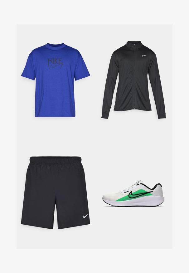 Černá sportovní bunda s dlouhými rukávy, límcem a plným zipem. Má decentní bílou logo značky Nike na horní levé části hrudi. Hladká textura.; Modrá bavlněná tričko s černým grafickým potiskem loga "NIKE" umístěným na hrudi, s kulatým výstřihem a krátkými rukávy.; Černé sportovní šortky vyrobené z lehkého materiálu s elastickým pasem. Na spodní levé straně mají malé bílé logo Nike.; Bílé sportovní tenisky s zeleným akcentem, černým logem, síťovinovým svrškem, polstrovanou podešví a zaobleným podpatkem. Mají tkaničky a kontrastní detaily.