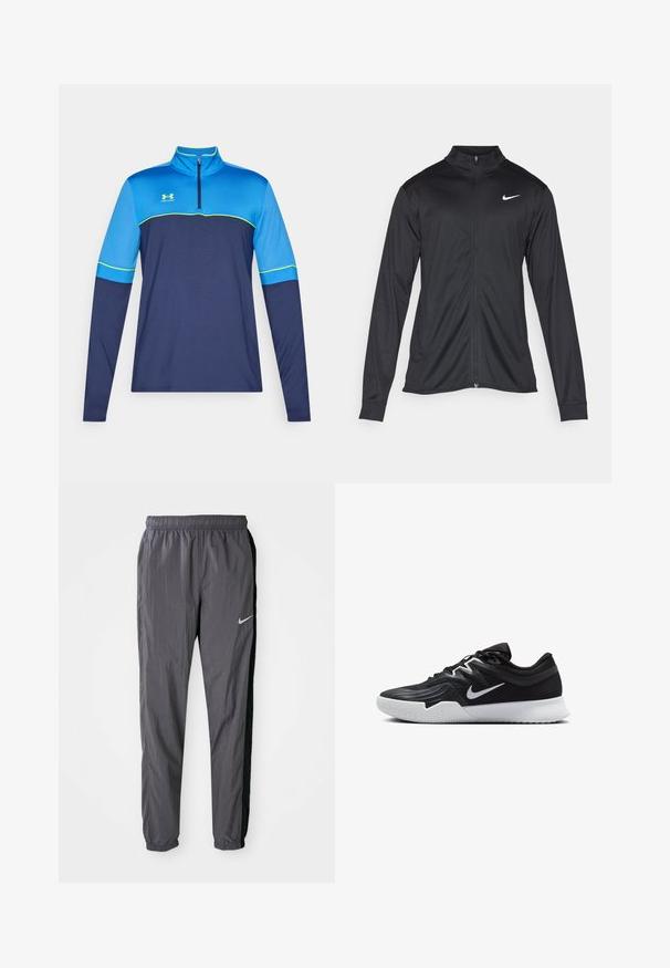 Black athletic jacket with long sleeves, collar, and full zipper. Features a subtle Nike logo in white on the upper left chest. Smooth texture.; Long-sleeve sports top with a half-zip collar. Blue and navy color blocks with green accents. Smooth fabric, athletic fit. Under Armour logo shown.; Nike track pants, made of lightweight fabric, in dark gray with black side panels. Features an elastic waistband and reflective logo.; Black athletic shoe with a textured upper, white Nike swoosh, and a white rubber outsole. Features a lace-up design and dynamic shape.