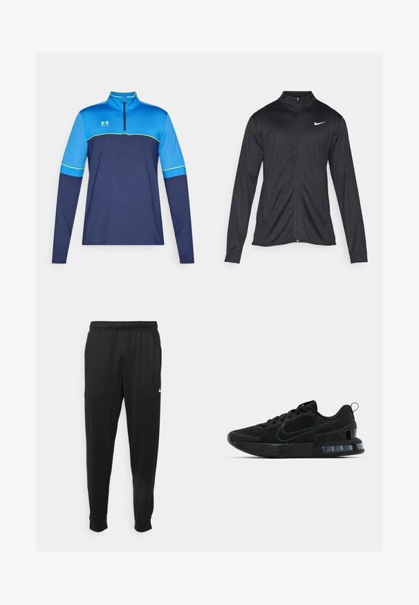 Black athletic jacket with long sleeves, collar, and full zipper. Features a subtle Nike logo in white on the upper left chest. Smooth texture.; Long-sleeve sports top with a half-zip collar. Blue and navy color blocks with green accents. Smooth fabric, athletic fit. Under Armour logo shown.; Black athletic pants made of smooth fabric, featuring an elastic waistband, tapered legs, and a small white logo on the left side.; Black Nike athletic shoe featuring a mesh upper, rubber sole, padded collar, and a distinct transparent heel accent.