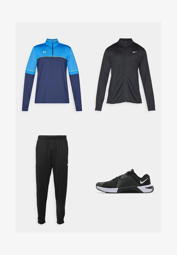 Black athletic jacket with long sleeves, collar, and full zipper. Features a subtle Nike logo in white on the upper left chest. Smooth texture.; Long-sleeve sports top with a half-zip collar. Blue and navy color blocks with green accents. Smooth fabric, athletic fit. Under Armour logo shown.; Black athletic pants made of smooth fabric, featuring an elastic waistband, tapered legs, and a small white logo on the left side.; Nike Performance METCON 10 - Training shoe - black/white/anthracite