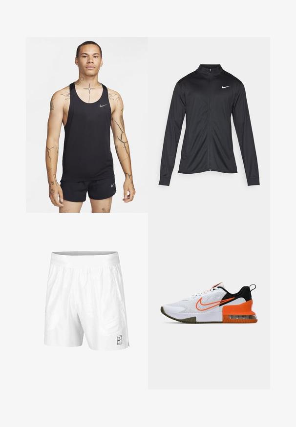 Veste de sport noire à manches longues, avec col et fermeture éclair intégrale. Présente un logo Nike subtil en blanc sur le côté supérieur gauche de la poitrine. Texture lisse.; Débardeur de sport noir avec un décolleté arrondi et le logo Nike. Fabriqué dans un tissu léger et respirant avec des accents gris contrastants.; Shorts de sport blancs en tissu léger avec une taille élastique, dotés de deux poches latérales et d'un petit logo noir au bas.; Baskets blanches avec un dessus en mesh texturé, des accents noirs et orange, une semelle en caoutchouc épais et une section de coussin d'air transparent au niveau du talon.