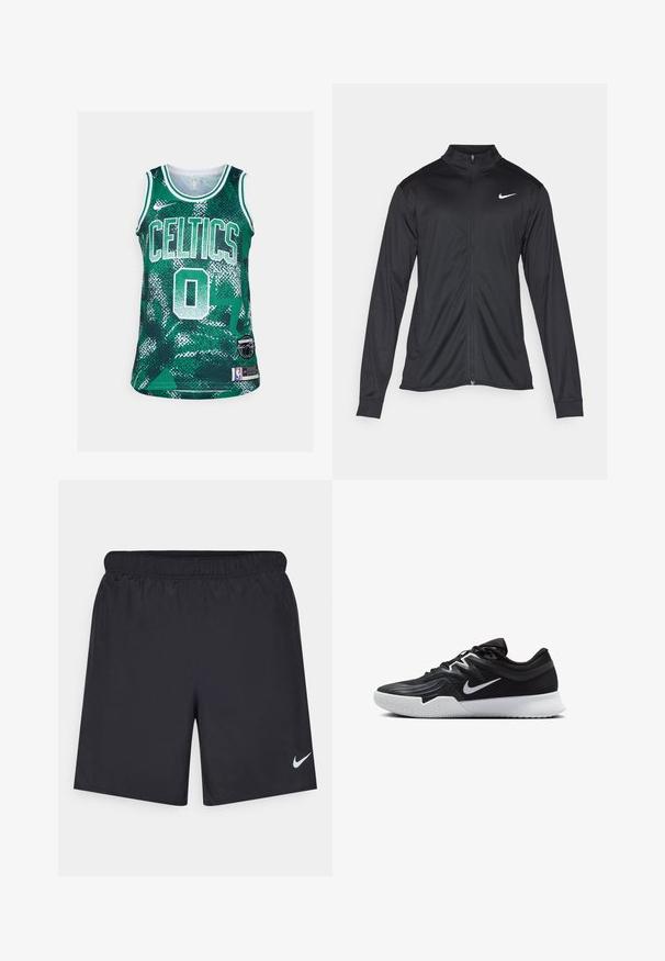 Svart idrettsjakke med lange ermer, krage og full glidelås. Har en subtil Nike-logo i hvitt på øvre venstre bryst. Glatt tekstur.; Grønn basketballtrøye med "CELTICS" tekst og nummer "0" i hvitt. Laget av teksturert stoff med et geometrisk mønster. Inkluderer NBA-logo-patch.; Svart sportskjørt laget av lett materiale med elastisk linning. Har en liten hvit Nike-logo nederst til venstre.; Svart treningssko med teksturert overdel, hvit Nike-swoosh og hvit gummisåle. Har snøring og en dynamisk form.
