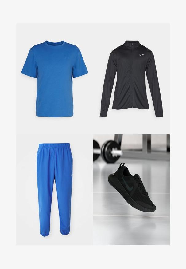 Μαύρο αθλητικό μπουφάν με μακριά μανίκια, γιακά και πλήρη φερμουάρ. Διαθέτει ένα διακριτικό λευκό λογότυπο της Nike στη πάνω αριστερή πλευρά του στήθους. Λείος υφασμάτινος χαρακτήρας.; Nike Performance PRIMARY - Αθλητικό μπλουζάκι - star blue; Μπλε αθλητικό παντελόνι με ελαστική μέση, ίσια σχέδιο ποδιών και εφαρμοστά μπατζάκια. Διαθέτει το λογότυπο της Nike σε χρυσό χρώμα στην αριστερή πλευρά.; Μαύρο αθλητικό παπούτσι με υφασμάτινο επάνω μέρος με υφή, καουτσούκ σόλα και εμφανές σκούρο λογότυπο Swoosh. Διαθέτει επενδεδυμένο γιακά και σχεδιασμό με κορδόνια.