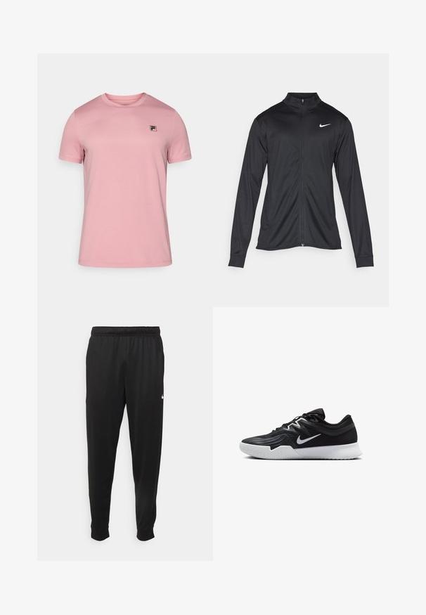 Melna sporta jaka ar garām piedurknēm, apkakli un pilnu rāvējslēdzēju. Uz kreisā krūts augšdaļas ir maigs Nike logo baltā krāsā. Gluda tekstūra.; Gaiši rozā īsām piedurknēm t-krekls, izgatavots no teksturēta materiāla, ar nelielu melnu logo kreisajā krūšu pusē. Apaļš apkakles izgriezums.; Melnas sporta bikses, kas izgatavotas no gludas auduma, ar elastīgu jostu, sašaurinošām kājām un mazu balto logo kreisajā pusē.; Melni sporta apavi ar teksturētu virsu, balto Nike zulumu un balto gumijas zoli. Iezīmējas ar auklu pievilkšanas dizainu un dinamisku formu.
