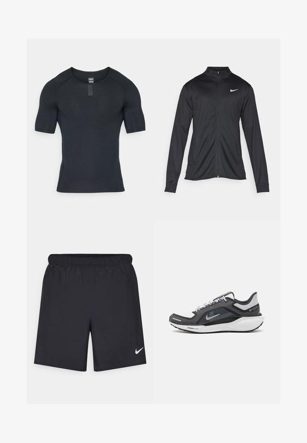 Black athletic jacket with long sleeves, collar, and full zipper. Features a subtle Nike logo in white on the upper left chest. Smooth texture.; Black short-sleeve athletic shirt with a round neckline, made from smooth, lightweight fabric. Features subtle stitching details and a tag at the collar.; Black athletic shorts made of lightweight material with an elastic waistband. Features a small white Nike logo on the lower left side.; Black and gray athletic shoe with a mesh upper, reflective accents, and a white midsole. Features textured rubber outsole and laces.