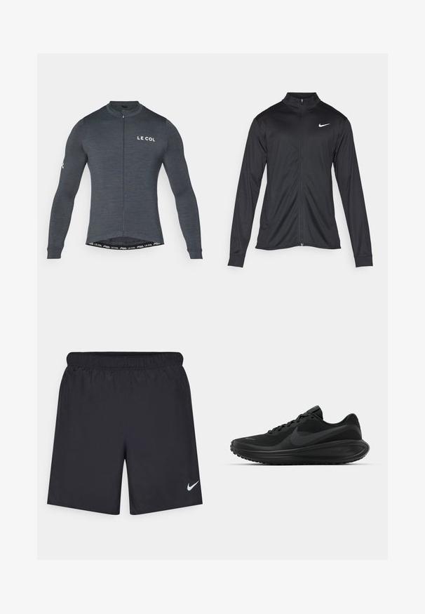 Svart idrettsjakke med lange ermer, krage og full glidelås. Har en subtil Nike-logo i hvitt på øvre venstre bryst. Glatt tekstur.; Langermet sykkeltrøye i mørkegrått stoff, med glidelås foran og hvit "LE COL" logo på brystet og ermet. Strammende, tilpasset design.; Svart sportskjørt laget av lett materiale med elastisk linning. Har en liten hvit Nike-logo nederst til venstre.; Svarte treningssko med teksturert mesh-overdel, snøring, tykk såle og fremtredende svart Nike-swoosh-logo på siden.