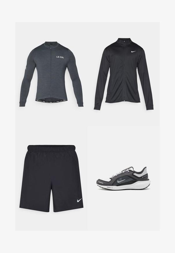 Juodas sportinis švarkas su ilgomis rankovėmis, apykakle ir pilnu užtrauktuku. Yra subtilus baltas Nike logotipas kairėje krūtinės pusėje. Lygus tekstūra.; Tamsiai pilkas ilgomis rankovėmis dviratininko džersis, su priekiniu užtrauktuku ir baltu "LE COL" logotipu ant krūtinės bei rankovės. Elastingas, prigludęs dizainas.; Juodos sportinės šortai, pagaminti iš lengvos medžiagos, su elastingu juosmeniu. Ant apatinės kairės pusės yra mažas baltas Nike logotipas.; Juodas ir pilkas sportinis batelis su tinkleliu viršuje, atspindinčiais akcentais ir balta vidurinė dalimi. Yra tekstūruota guminė išorinė pada ir raišteliai.