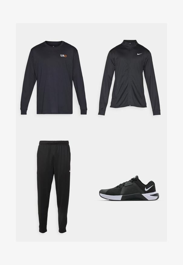 Black athletic jacket with long sleeves, collar, and full zipper. Features a subtle Nike logo in white on the upper left chest. Smooth texture.; Black long-sleeve t-shirt made of cotton, featuring a crew neck and a small white and orange "UA" logo on the chest.; Black athletic pants made of smooth fabric, featuring an elastic waistband, tapered legs, and a small white logo on the left side.; Nike Performance METCON 10 - Training shoe - black/white/anthracite
