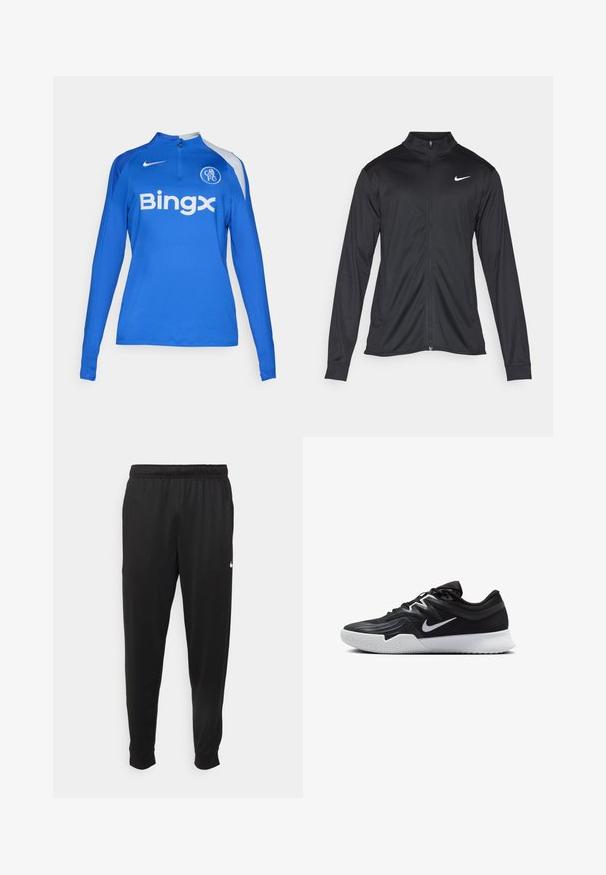 Must värvi sportlik jakk pikkade varrukatega, krae ja täispikk tõmblukk. Ülemises vasakus rinnas on diskreetne valge Nike logo. Sile tekstuur.; Sinine pikkade varrukatega spordiülikond, millel on neljandiku lukk, Nike logo õlal ja valge "Bingx" sponsorlus, omades sobivat disaini.; Mustad mustekad athletic-püksid sujuvast kangast, elastse vöökoha, kitsenevate jalgade ja väikese valge logoga vasakul küljel.; Must mustad jalanikesad rikaste ülaservaga, valge Nike swoosh'i ja valge kummist välispõhjaga. Omab paeltega sulgemisdetaili ja dünaamilist kuju.