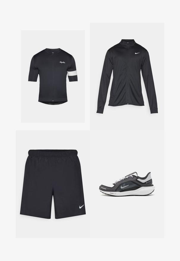 Čierna športová bunda s dlhými rukávmi, golierom a plným zipsom. Obsahuje nenápadné logo Nike v bielej farbe na hornej ľavej hrudi. Hladká textúra.; Čierny cyklistický dres s krátkymi rukávmi, celoplošným zipsom a bielym prúžkom na ľavom ramene. Hladká textúra materiálu, priliehavý strih.; Čierne atletické šortky z ľahkého materiálu s elastickým pásom. Na dolnej ľavej strane majú malé biele logo Nike.; Čierna a sivá športová obuv s vrchnou časťou z priedušného materiálu, reflexné akcenty a biely medzipodrážka. Obsahuje štruktúrovanú gumovú podrážku a šnúrky.