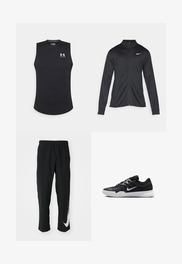 Svart idrettsjakke med lange ermer, krage og full glidelås. Har en subtil Nike-logo i hvitt på øvre venstre bryst. Glatt tekstur.; Svart ermeløs treningstopp laget av et glatt, elastisk stoff. Har en rund utringning og en liten hvit logo på brystet.; Svarte treningbukser med elastisk midje, smalere design, med en stor hvit Nike-logo på venstre bein. Myk, lett stoff.; Svart treningssko med teksturert overdel, hvit Nike-swoosh og hvit gummisåle. Har snøring og en dynamisk form.