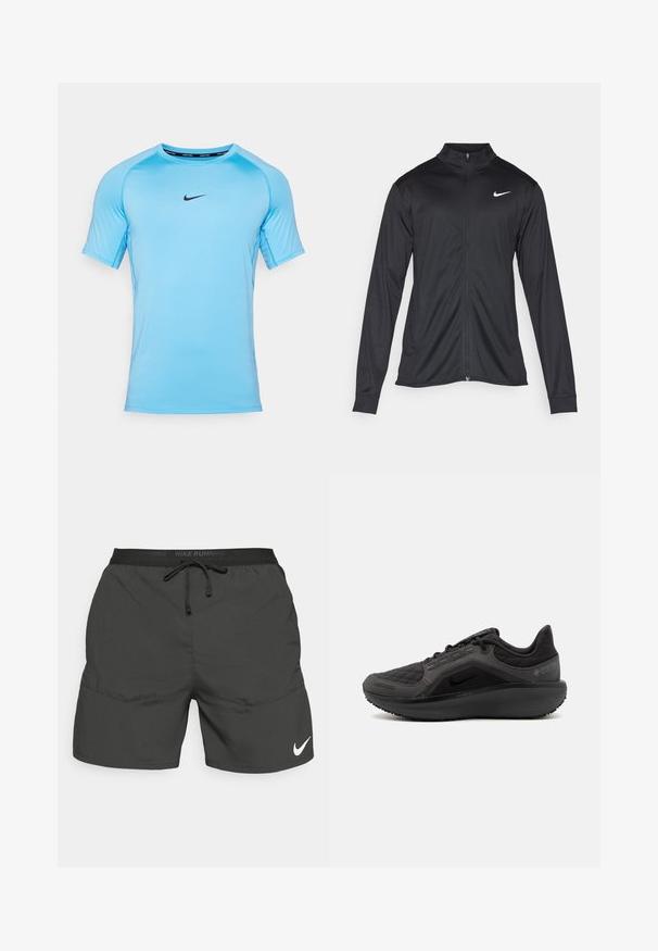 Jacket desportivo preto com mangas longas, colarinho e fecho zip completo. Apresenta um discreto logotipo da Nike em branco na parte superior do lado esquerdo do peito. Textura suave.; Camisa atlética de manga curta azul clara, feita de tecido respirável, com um logo Nike preto no peito e um design de gola redonda.; Calções de corrida pretos com cintura elástica, cordão, bolsos laterais e um logo branco da Nike na parte inferior da perna esquerda.; Shoe atlético preto com um superior acolchoado texturizado, design elegante e sola de borracha preta. Apresenta um logótipo visível e marca Gore-Tex.