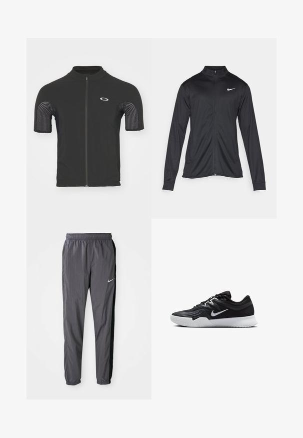 Juodas sportinis švarkas su ilgomis rankovėmis, apykakle ir pilnu užtrauktuku. Yra subtilus baltas Nike logotipas kairėje krūtinės pusėje. Lygus tekstūra.; Juodas trumpomis rankovėmis dviratininkų džersis su užtrauktuku priekyje, turintis kvėpuojančius tinklo skyrius ant rankovių ir prigludusį dizainą.; Nike treniruotės kelnės, pagamintos iš lengvo audinio, tamsiai pilkos spalvos su juodomis šoninėmis juostomis. Turi elastinį juosmenį ir atspindinčią logotipą.; Juodos sportinės bateliai su tekstūruota viršutine dalimi, balta Nike swoosh ir balta gumine išorine dalimi. Yra su raištelių užsegimo dizainu ir dinamine forma.