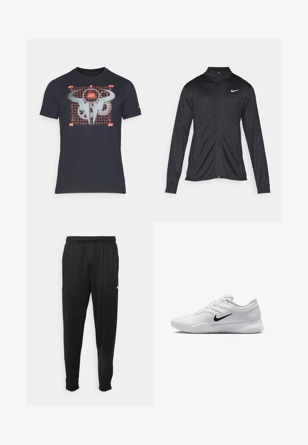 Chaqueta atlética negra con mangas largas, collar y cremallera completa. Presenta un sutil logo de Nike en blanco en la parte superior izquierda del pecho. Textura suave.; Nike Performance TEE - Camiseta estampada - black; Pantalones deportivos negros de tejido suave, con cintura elástica, perneras ajustadas y un pequeño logotipo blanco en el lado izquierdo.; Zapatilla deportiva blanca con parte superior de malla texturizada, swoosh negro de Nike, cuello acolchado y suela de goma con un patrón de taco.