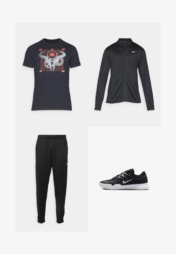 Chaqueta atlética negra con mangas largas, collar y cremallera completa. Presenta un sutil logo de Nike en blanco en la parte superior izquierda del pecho. Textura suave.; Nike Performance TEE - Camiseta estampada - black; Pantalones deportivos negros de tejido suave, con cintura elástica, perneras ajustadas y un pequeño logotipo blanco en el lado izquierdo.; Zapatilla deportiva negra con parte superior texturizada, logo de Nike en blanco y suela de goma blanca. Tiene un diseño con cordones y una forma dinámica.