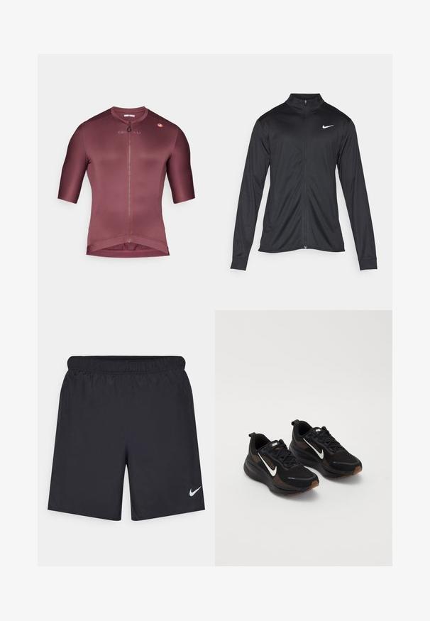 Black athletic jacket with long sleeves, collar, and full zipper. Features a subtle Nike logo in white on the upper left chest. Smooth texture.; Burgundy cycling jersey with short sleeves, textured fabric, front zipper, and logo detail on the shoulder. Minimalist design and fitted shape.; Black athletic shorts made of lightweight material with an elastic waistband. Features a small white Nike logo on the lower left side.; Black athletic shoes with a breathable mesh upper, white Nike swoosh, textured sole, and contrasting brown accents. Includes reinforced heel.