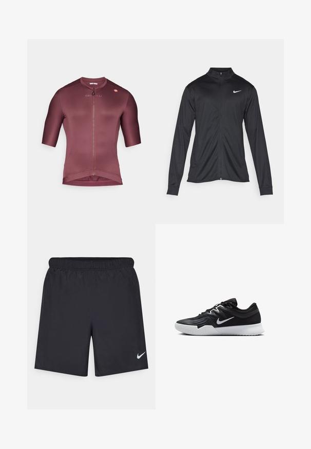 Chaqueta atlética negra con mangas largas, collar y cremallera completa. Presenta un sutil logo de Nike en blanco en la parte superior izquierda del pecho. Textura suave.; Jersey de ciclismo burdeos con mangas cortas, tejido texturizado, cremallera frontal y detalle de logotipo en el hombro. Diseño minimalista y forma ajustada.; Pantalones cortos deportivos negros hechos de un material ligero con una cintura elástica. Presenta un pequeño logo blanco de Nike en la parte inferior izquierda.; Zapatilla deportiva negra con parte superior texturizada, logo de Nike en blanco y suela de goma blanca. Tiene un diseño con cordones y una forma dinámica.