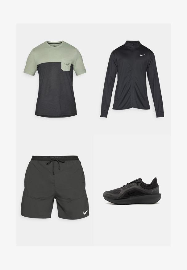 Zwarte sportjack met lange mouwen, kraag en volle rits. Voorzien van een subtiele Nike-logo in het wit op de bovenste linkerborst. Soepele textuur.; Korte mouwen t-shirt met een lichtgroen bovenstuk en een donkergroen onderstuk, voorzien van een borstzakje en logo-detail.; Zwarte hardloopshorts met een elastische tailleband, trekkoord, zijzakken en een wit Nike-logo op het linkeronderbeen.; Zwarte sportieve schoen met een gestructureerde, gewatteerde bovenkant, slank ontwerp en zwarte rubberen zool. Voorzien van een zichtbaar logo en Gore-Tex branding.