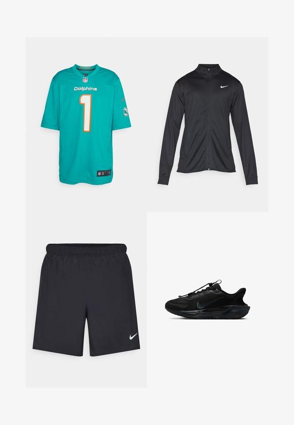 Jachetă sportivă neagră cu mâneci lungi, guler și fermoar complet. Prezintă un logo Nike subtil, alb, pe pieptul din stânga sus. Textură netedă.; Tricou Miami Dolphins în nuanță de teal, cu accente portocalii, având numărul "1" în alb. Fabricat dintr-un material ușor, cu mâneci scurte și părți laterale din plasă.; Pantaloni scurți atletici negri, fabricați dintr-un material ușor, cu un talie elastică. Au un mic logo alb Nike în partea stângă jos.; Pantofi sport negri cu un superior din plasă texturată, accente netede și un logo Nike distinct. Prezintă o talpă bine amortizată și șireturi elastice.