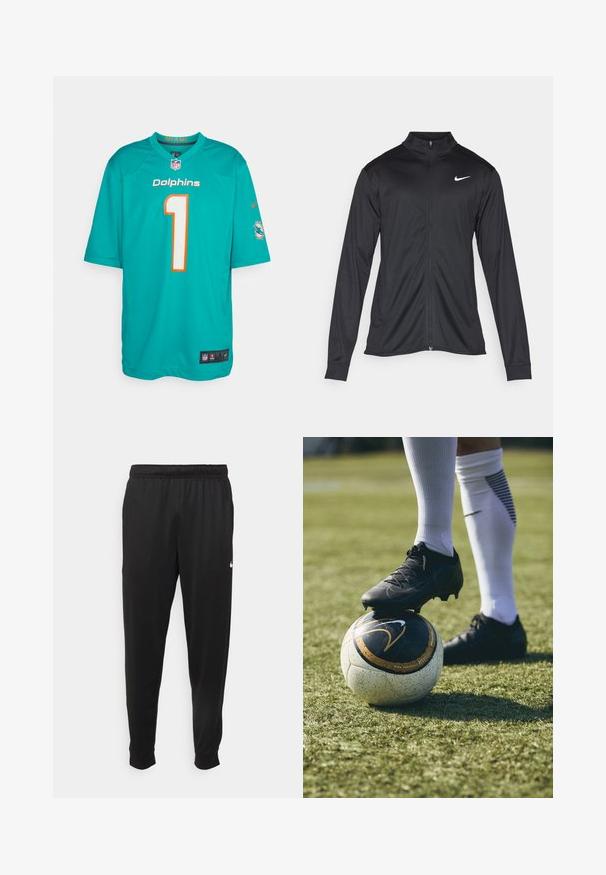 Jacket desportivo preto com mangas longas, colarinho e fecho zip completo. Apresenta um discreto logotipo da Nike em branco na parte superior do lado esquerdo do peito. Textura suave.; Fato dos Miami Dolphins em azul-água com detalhes em laranja, apresentando o número "1" em branco. Feito de tecido leve com mangas curtas e laterais em malha.; Calças de desporto pretas feitas de tecido suave, com uma cintura elástica, pernas ajustadas e um pequeno logo branco no lado esquerdo.; Chuteira de futebol preta sobre uma bola de futebol com padrão branco e preto, pousada em relva verde. A chuteira possui material texturizado e atacadores.