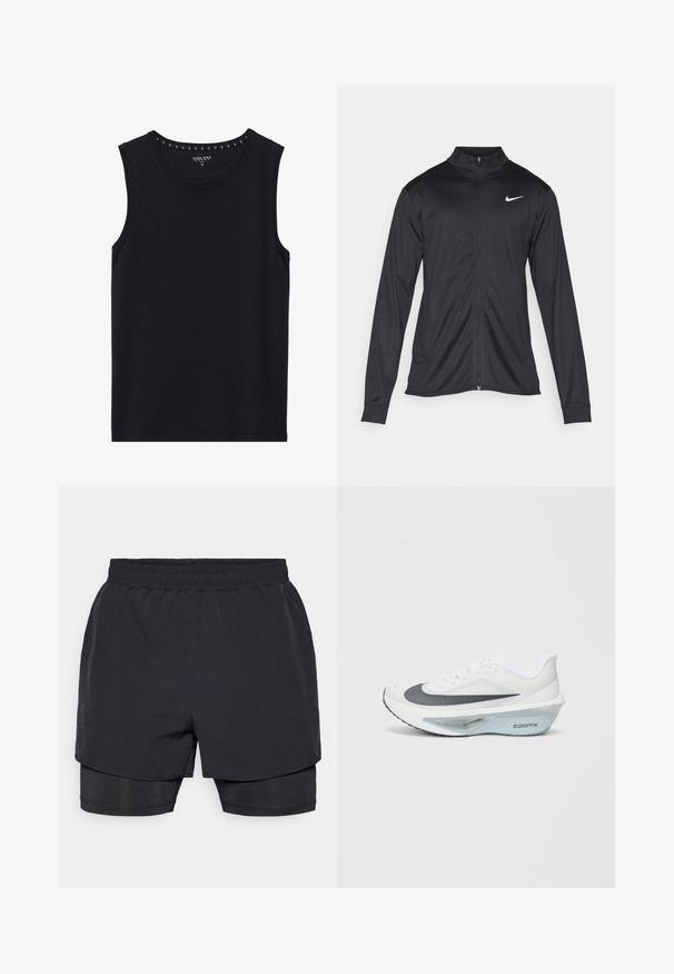 Černá sportovní bunda s dlouhými rukávy, límcem a plným zipem. Má decentní bílou logo značky Nike na horní levé části hrudi. Hladká textura.; Černý bezrukávový top vyrobený z bavlny. Má zaoblený výstřih s dekorativním stehem. Hladká textura, standardní střih.; Černé sportovní šortky s elastickým pasem, vrstveným designem a přiléhavou vnitřní podšívkou. Hladká textura, navržené pro pohodlí.; Bílé sportovní boty s šedou síťovinou, modrou střední vrstvou z pěny ZoomX a zakřivenou podešví pro lepší pohon a pohodlí.