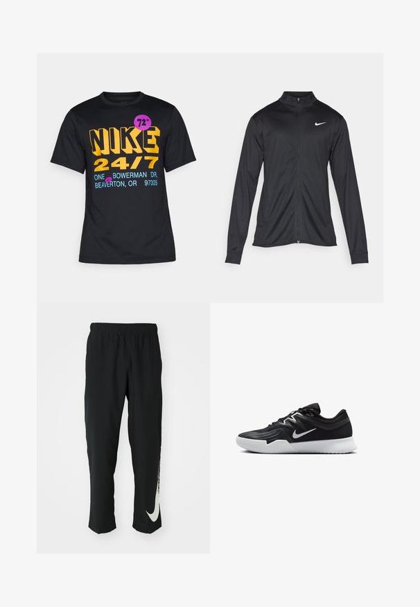 Fekete sportdzseki hosszú ujjal, gallérral és teljes cipzárral. Diszkrét fehér Nike logóval az upper bal mellen. Sima textúra.; Nike Performance HYVERS - Sportfelső - black; Fekete sportnadrág rugalmas derékpánttal, szűkített kialakítással, az előtérben egy nagy fehér Nike logóval a bal lábon. Puha, könnyű anyag.; Fekete sportcipő texturált felsőrésszel, fehér Nike logóval és fehér gumitalppal. Fűzős kialakítással és dinamikus formával rendelkezik.