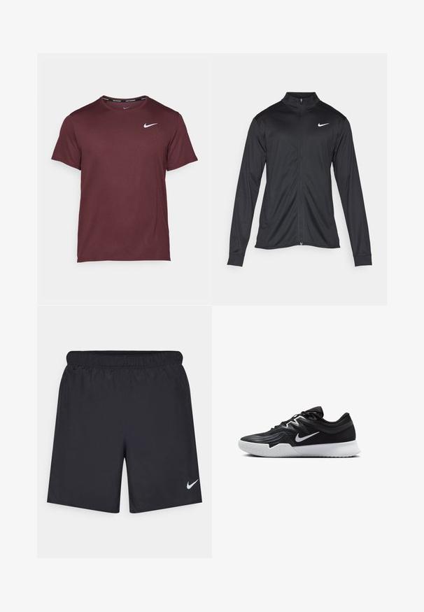 Juodas sportinis švarkas su ilgomis rankovėmis, apykakle ir pilnu užtrauktuku. Yra subtilus baltas Nike logotipas kairėje krūtinės pusėje. Lygus tekstūra.; Bordo spalvos sportinė marškinėliai iš lygios medžiagos, su trumpomis rankovėmis, apvalia iškirpte ir mažu baltu Nike logotipu kairėje krūtinės pusėje.; Juodos sportinės šortai, pagaminti iš lengvos medžiagos, su elastingu juosmeniu. Ant apatinės kairės pusės yra mažas baltas Nike logotipas.; Juodos sportinės bateliai su tekstūruota viršutine dalimi, balta Nike swoosh ir balta gumine išorine dalimi. Yra su raištelių užsegimo dizainu ir dinamine forma.