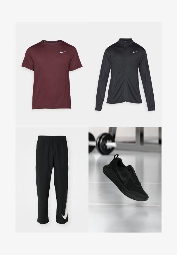 Musta urheilutakki pitkillä hihoilla, kauluksella ja kokonaisella vetoketjulla. Täydentää hienovarainen Nike-logo valkoisena vasemmassa ylärinnassa. Litteä pinta.; Viininpunainen urheilupaita, joka on valmistettu sileästä kankaasta. Paidassa on lyhyet hihat, pyöreä kaula-aukko ja pieni valkoinen Nike-logo vasemmassa rinnassa.; Mustat urheiluhousut, joissa on joustava vyötärö, kapeneva muotoilu ja suuri valkoinen Nike-logo vasemmassa lahkeessa. Pehmeä, kevyt kangas.; Musta urheilukenkä, jossa on teksturoitu verkkopäällinen, kumipohja ja näkyvä tumma Nike-swoosh-logo. Kenkässä on pehmustettu kaulus ja nauhallinen kiinnitys.
