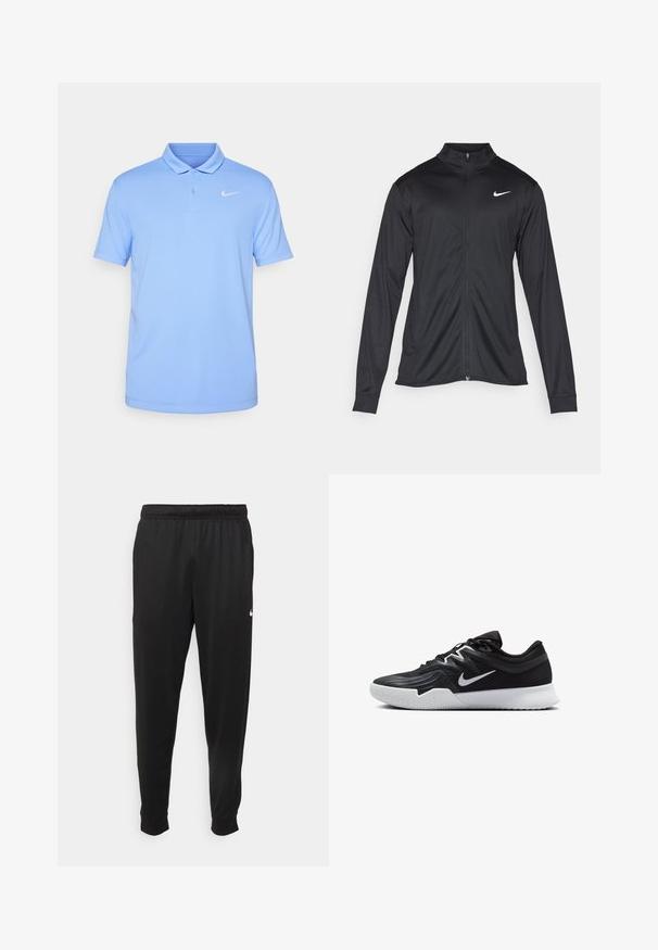 Crna sportska jakna s dugim rukavima, ovratnikom i punim patentnim zatvaračem. Ima suptilan Nike logo u bijeloj boji na gornjem lijevom dijelu prsne oznake. Glatka tekstura.; Nike Performance NIKECOURT SOLID - Polo majica - royal pulse/white; Crne atletske hlače od glatkog materijala, s elastičnom pasicom, sužavajućim nogavicama i malim bijelim logom na lijevoj strani.; Crna sportska cipela s teksturiranim gornjim dijelom, bijelim Nike swooshom i bijelim gumennim potplatom. Ima dizajn s vezanjem i dinamičan oblik.