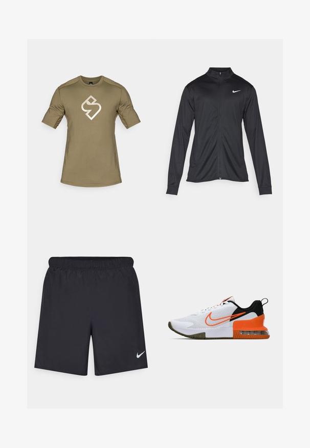 Melna sporta jaka ar garām piedurknēm, apkakli un pilnu rāvējslēdzēju. Uz kreisā krūts augšdaļas ir maigs Nike logo baltā krāsā. Gluda tekstūra.; Olivza zaļas īsām piedurknēm T-krekls, izgatavots no stiepļu auduma, ar baltu logo uz krūškurvja un plakano šuvju dizainu komfortam.; Melnas sporta šorti, izgatavoti no viegla materiāla, ar elastīgu jostu. Uz apakšējā kreisā stūra ir neliels balts Nike logo.; Balti sporta apavi ar teksturētu sieta augšējo daļu, melniem un oranžiem akcentiem, biezu gumijas zoli un caurspīdīgu gaisa spilvenu daļu pie papēža.