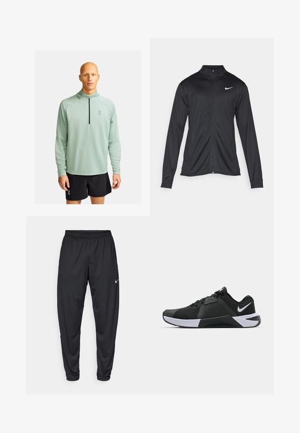 Jachetă sportivă neagră cu mâneci lungi, guler și fermoar complet. Prezintă un logo Nike subtil, alb, pe pieptul din stânga sus. Textură netedă.; On CLIMATE - Bluză cu mânecă lungă - cobble; Pantaloni atletici negri cu un elastic la talie, picioare conice și un mic logo alb Nike pe coapsa stângă. Material neted, fără modele.; Nike Performance METCON 10 - Pantofi training - black/white/anthracite