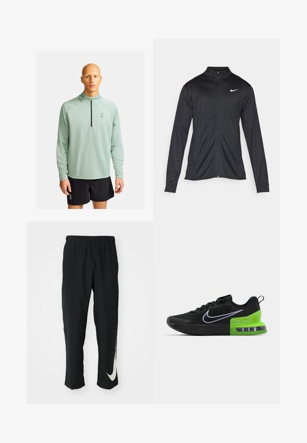 Czarna sportowa kurtka z długimi rękawami, kołnierzem i pełnym zamkiem. Posiada subtelne logo Nike w białym kolorze na lewej górnej części klatki piersiowej. Gładka tekstura.; On - Bluzka z długim rękawem; Czarne spodnie sportowe z elastycznym paskiem, zwężający się fason, z dużym białym logo Nike na lewej nogawce. Miękka, lekka tkanina.; Czarny but sportowy z siateczkową cholewką, z zielono-czarną podeszwą z poduszką powietrzną oraz białym logo Nike w kształcie swoosh.