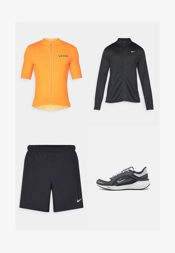 Fekete sportdzseki hosszú ujjal, gallérral és teljes cipzárral. Diszkrét fehér Nike logóval az upper bal mellen. Sima textúra.; Rövid ujjú kerékpáros mez élénk narancssárga színben, cipzáros elülső résszel és "LE COL" logóval, lélegző anyagból készült, texturált felülettel.; Fekete sportnadrág könnyű anyagból, rugalmas derékkal. A bal alsó oldalon egy kis fehér Nike-logó található.; Fekete és szürke sportcipő, hálós felsőrésszel, fényvisszaverő részletekkel és fehér középtalppal. A talpa texturált gumiból készült, és fűzőkkel rendelkezik.