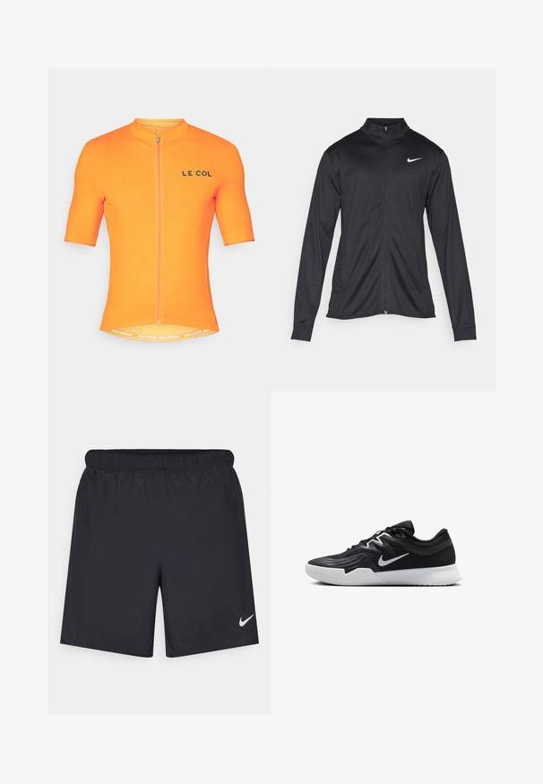 Must värvi sportlik jakk pikkade varrukatega, krae ja täispikk tõmblukk. Ülemises vasakus rinnas on diskreetne valge Nike logo. Sile tekstuur.; Lühikeste varrukatega jalgrattasärk eredast oranžist, millel on lukuga esiosa ja "LE COL" logo, valmistatud hingavast materjalist tekstuurse viimistlusega.; Mustad mustikud lühikesed püksid, mis on valmistatud kergest materjalist ja millel on elastne vöökoht. Alumisel vasakul küljel on väike valge Nike logo.; Must mustad jalanikesad rikaste ülaservaga, valge Nike swoosh'i ja valge kummist välispõhjaga. Omab paeltega sulgemisdetaili ja dünaamilist kuju.
