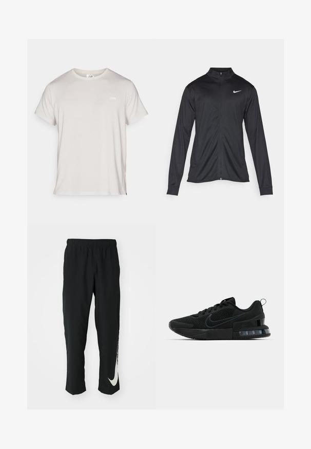 Fekete sportdzseki hosszú ujjal, gallérral és teljes cipzárral. Diszkrét fehér Nike logóval az upper bal mellen. Sima textúra.; Világosszürke póló, rövid ujjú, kerek nyakkivágással, texturált anyaggal, apró mintákkal, amelyen fehér márkalogó található a mellkasán.; Fekete sportnadrág rugalmas derékpánttal, szűkített kialakítással, az előtérben egy nagy fehér Nike logóval a bal lábon. Puha, könnyű anyag.; Fekete Nike sportcipő, hálós felsőrésszel, gumitalppal, párnázott nyakkal és jellegzetes átlátszó sarokbetéttel.