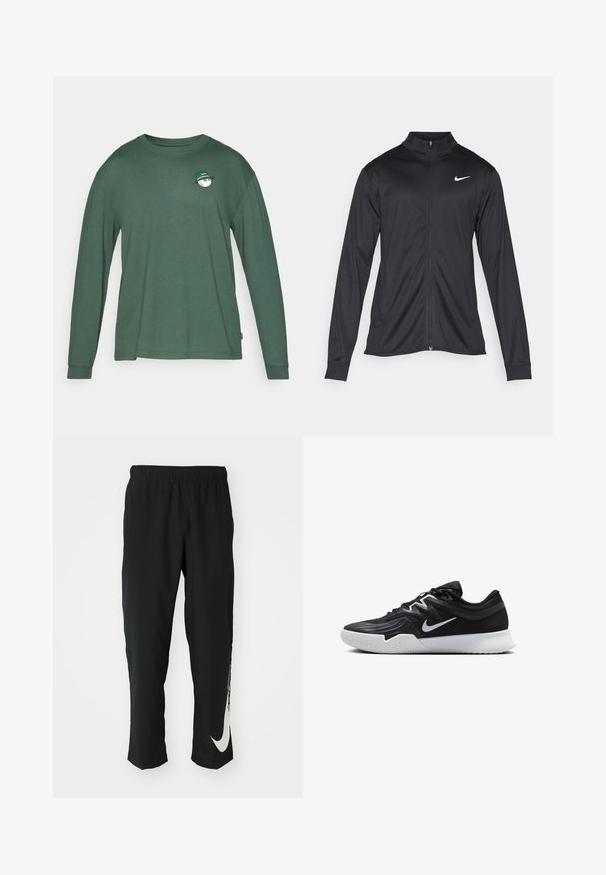 Svart idrettsjakke med lange ermer, krage og full glidelås. Har en subtil Nike-logo i hvitt på øvre venstre bryst. Glatt tekstur.; Langermet t-skjorte i mørkegrønn, laget av myk bomull. Har en liten hvit grafikk med en grønn hatt på brystet. Rund hals.; Svarte treningbukser med elastisk midje, smalere design, med en stor hvit Nike-logo på venstre bein. Myk, lett stoff.; Svart treningssko med teksturert overdel, hvit Nike-swoosh og hvit gummisåle. Har snøring og en dynamisk form.