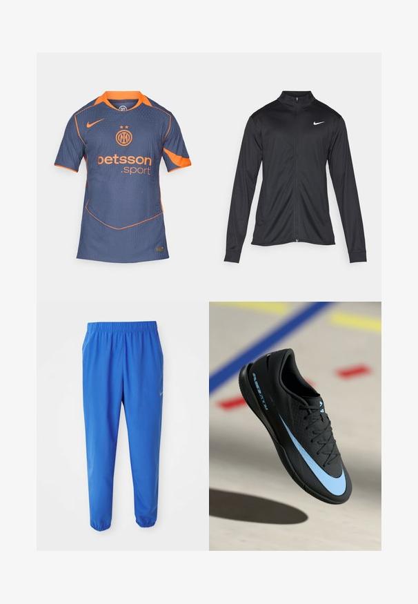 Crna sportska jakna s dugim rukavima, ovratnikom i punim patentnim zatvaračem. Ima suptilan Nike logo u bijeloj boji na gornjem lijevom dijelu prsne oznake. Glatka tekstura.; Mornarsko plava sportska majica s narančastim detaljima. Sadrži vertikalne pruge, okrugli izrez i kratke rukave. Logo i sponzor istaknuti.; Plave atletske hlače s elastičnim pojasom, ravnim dizajnom nogavica i sužavajućim porubima. Sadrži Nike logo u zlatnoj boji na lijevoj strani.; Crne sportske cipele s plavim akcentima, teksturirana površina, s vezanjem i karakterističnim Nike logom. Gumeni potplat s uzorcima za prianjanje.