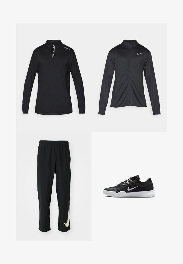 Musta urheilutakki pitkillä hihoilla, kauluksella ja kokonaisella vetoketjulla. Täydentää hienovarainen Nike-logo valkoisena vasemmassa ylärinnassa. Litteä pinta.; Pitkähihaine musta polo-paita, joka on valmistettu sileästä kankaasta, varustettu kauluksella, kolmella napilla varustetulla avausosalla sekä valkoisilla yksityiskohdilla avausosassa ja olkapäissä.; Mustat urheiluhousut, joissa on joustava vyötärö, kapeneva muotoilu ja suuri valkoinen Nike-logo vasemmassa lahkeessa. Pehmeä, kevyt kangas.; Musta urheilukenkä, jossa on teksturoitu päällinen, valkoinen Nike-tikkaus ja valkoinen kumipohja. Kenkässä on nauhakuji ja dynaaminen muoto.