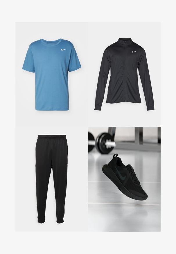 Melna sporta jaka ar garām piedurknēm, apkakli un pilnu rāvējslēdzēju. Uz kreisā krūts augšdaļas ir maigs Nike logo baltā krāsā. Gluda tekstūra.; Nike Performance TEE CREW SOLID - Sporta krekli - aegean storm; Melnas sporta bikses, kas izgatavotas no gludas auduma, ar elastīgu jostu, sašaurinošām kājām un mazu balto logo kreisajā pusē.; Melnas sporta kurpes ar teksturētu acs augšdaļu, gumijas zolīti un izteiktu tumšu Swoosh logotipu. Aprīkotas ar polsterētu apkakli un šņorējamu dizainu.