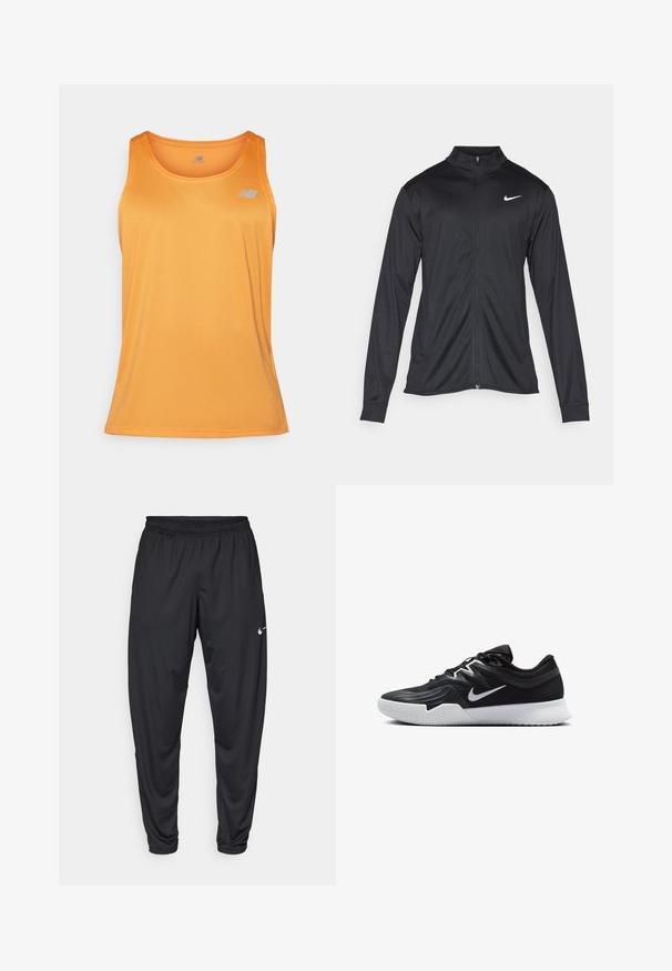 Zwarte sportjack met lange mouwen, kraag en volle rits. Voorzien van een subtiele Nike-logo in het wit op de bovenste linkerborst. Soepele textuur.; New Balance Top - sizzle; Zwarte sportbroeken met een elastische tailleband, taps toelopende pijpen en een klein wit Nike-logo op de linker bovenbeen. Glad stof, zonder patronen.; Zwarte sportieve schoen met een gestructureerde bovenkant, witte Nike swoosh en een witte rubberen zool. Beschikt over een veterontwerp en een dynamische vorm.