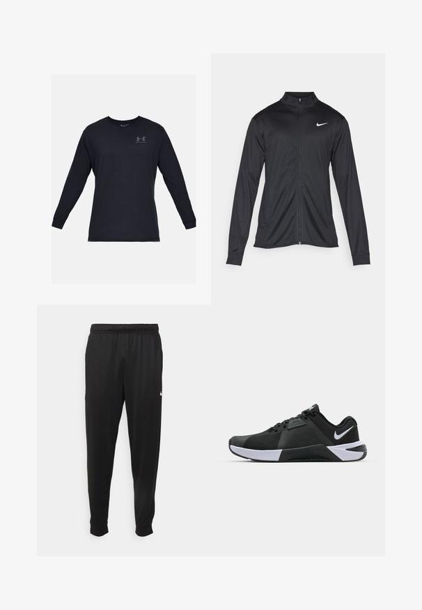 Sort atletisk jakke med lange ærmer, krave og fuld lynlås. Har et diskret Nike-logo i hvidt på den øverste venstre side af brystet. Glat tekstur.; Langærmet sort T-shirt lavet af bomuld, med rund hals og et lille gråt logo på brystet. Glat tekstur, afslappet pasform.; Sorte atletiske bukser lavet af glat stof, med elastisk talje, smalnende ben og et lille hvidt logo på venstre side.; Nike Performance METCON 10 - Træningssko - black/white/anthracite