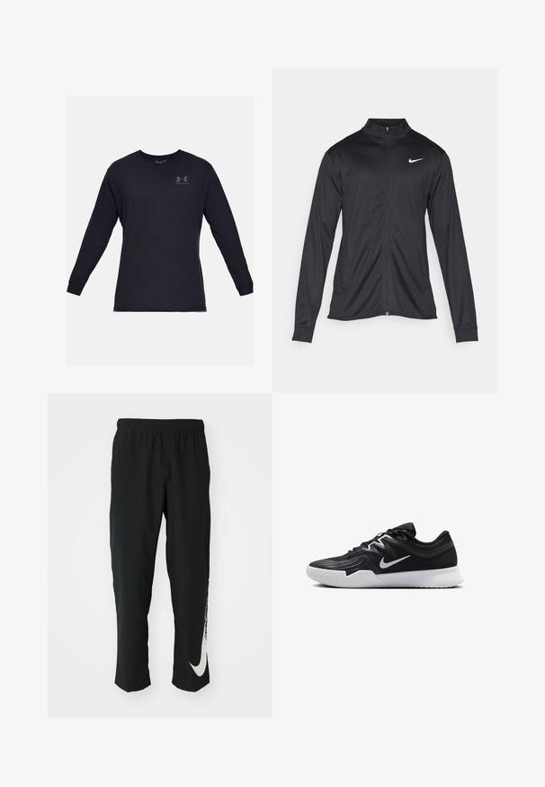 Fekete sportdzseki hosszú ujjal, gallérral és teljes cipzárral. Diszkrét fehér Nike logóval az upper bal mellen. Sima textúra.; Hosszú ujjú fekete póló, pamutból készült, kerek nyakkal és egy kis szürke logóval a mellkason. Sima tapintású, lazább fazon.; Fekete sportnadrág rugalmas derékpánttal, szűkített kialakítással, az előtérben egy nagy fehér Nike logóval a bal lábon. Puha, könnyű anyag.; Fekete sportcipő texturált felsőrésszel, fehér Nike logóval és fehér gumitalppal. Fűzős kialakítással és dinamikus formával rendelkezik.