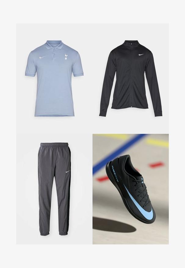 Giacca sportiva nera con maniche lunghe, colletto e zip completa. Presenta un logo Nike in bianco sulla parte superiore del lato sinistro del petto. Tessuto morbido.; Maglietta polo azzurro chiaro con colletto, maniche corte e logo Nike. Presenta un emblema degli Spurs sulla parte sinistra del petto. Tessuto morbido.; Pantaloni da corsa Nike, realizzati in un tessuto leggero, di colore grigio scuro con pannelli laterali neri. Presentano una cintura elastica e un logo riflettente.; Scarpa sportiva nera con dettagli blu, superficie testurizzata, design a lacci e logo Nike distintivo. Suola in gomma con pattern antiscivolo.